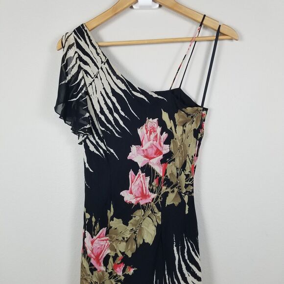Alberto Makali Black Floral Asymmetrical One Shoulder Maxi Rayon Dress Size 8 - Picture 12 of 16